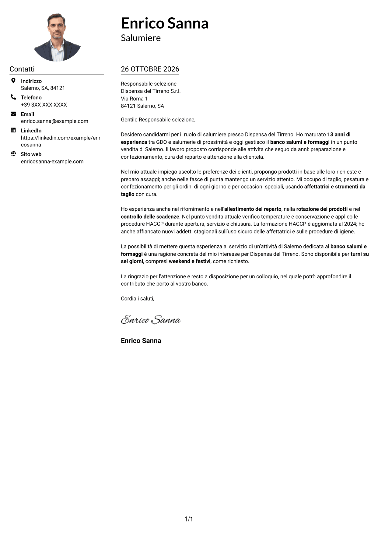 Esempio di lettera di presentazione — pagina 1