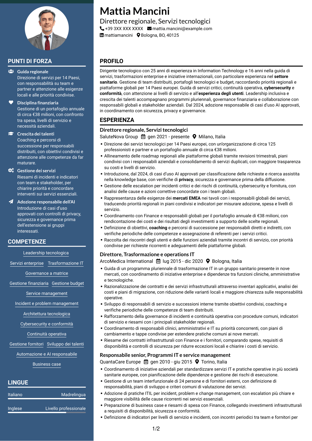 CV Elegante (formato con colonna laterale colorata e foto): Senior Director, Technology Services - Trasformazione dei servizi enterprise, pagina 1