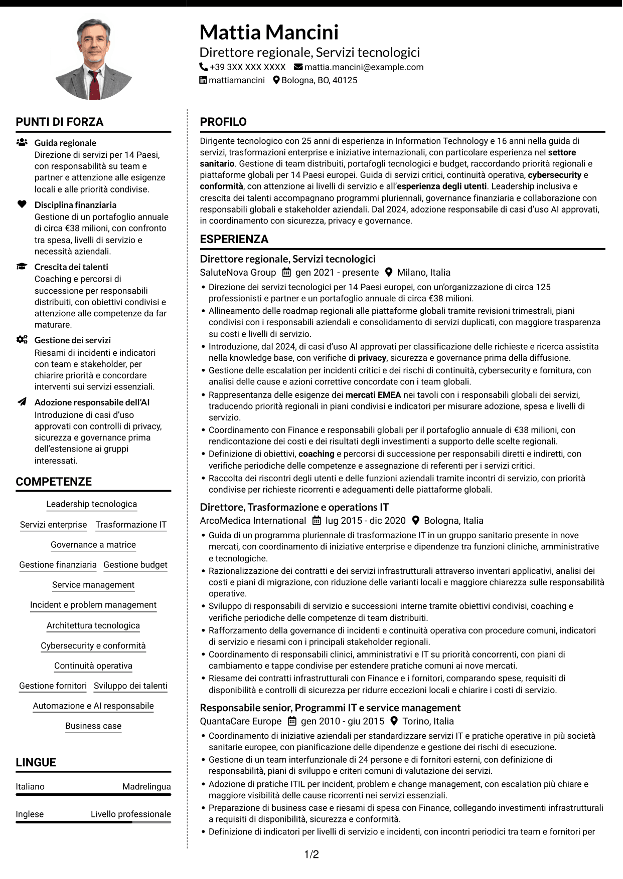 CV Moderno (formato a due colonne con foto a sinistra e separatore): Senior Director, Technology Services - Trasformazione dei servizi enterprise, pagina 1
