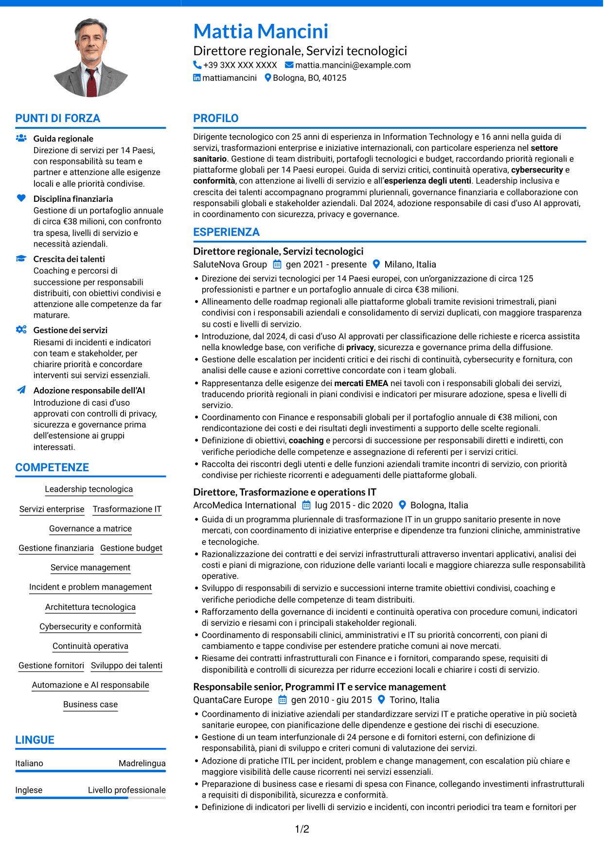CV Audace (formato a due colonne con accenti colorati e foto): Senior Director, Technology Services - Trasformazione dei servizi enterprise, pagina 1