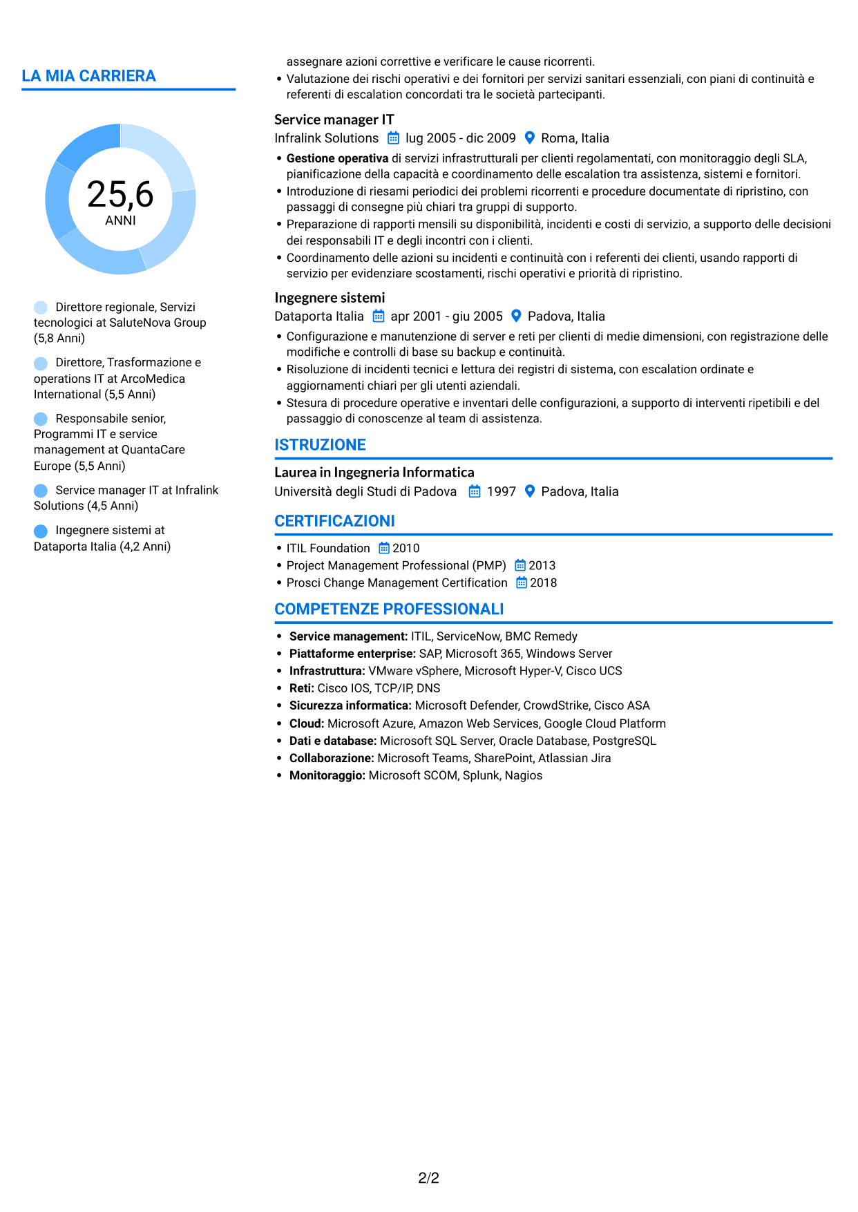 CV Audace (formato a due colonne con accenti colorati e foto): Senior Director, Technology Services - Trasformazione dei servizi enterprise, pagina 2