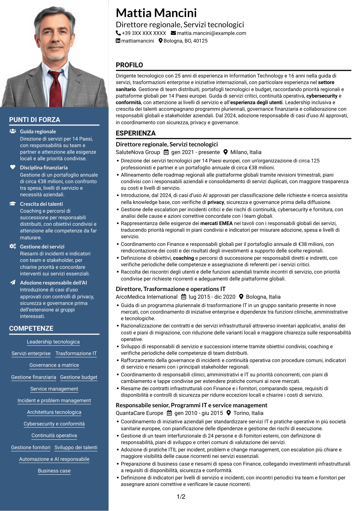 CV Signature (formato con colonna laterale colorata e foto grande): Senior Director, Technology Services - Trasformazione dei servizi enterprise, pagina 1