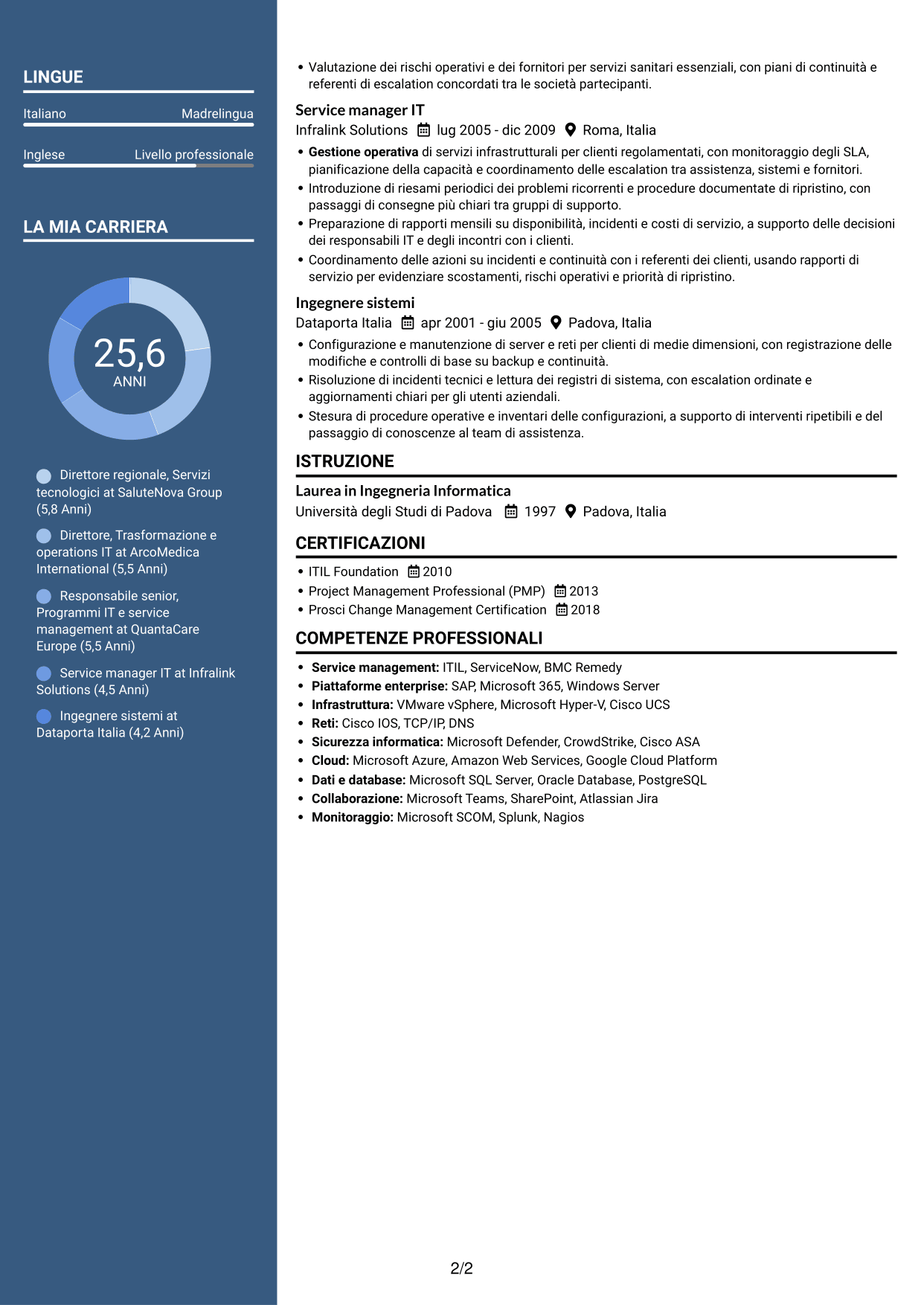 CV Signature (formato con colonna laterale colorata e foto grande): Senior Director, Technology Services - Trasformazione dei servizi enterprise, pagina 2