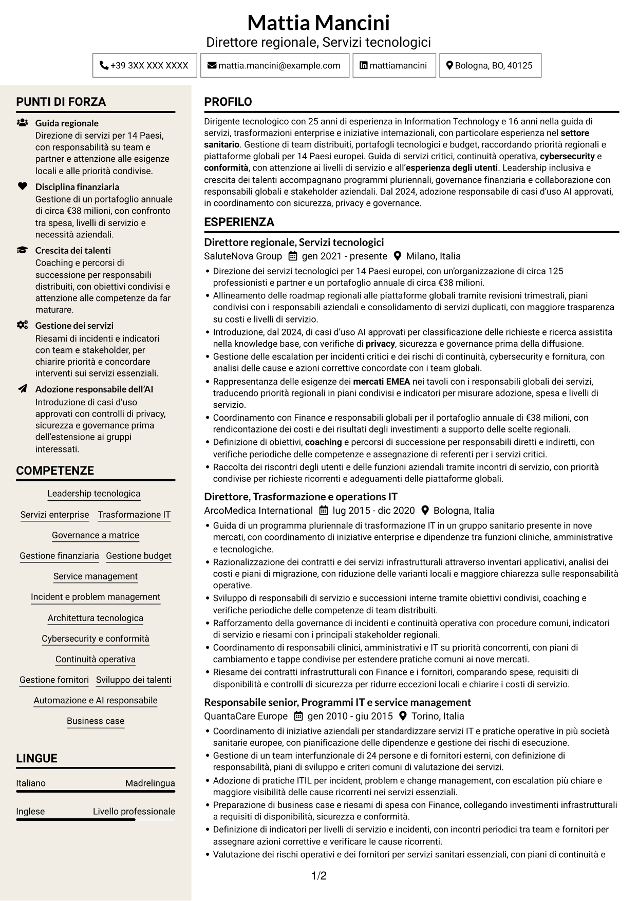 CV Intraprendente (formato a due colonne con intestazione centrata senza foto): Senior Director, Technology Services - Trasformazione dei servizi enterprise, pagina 1