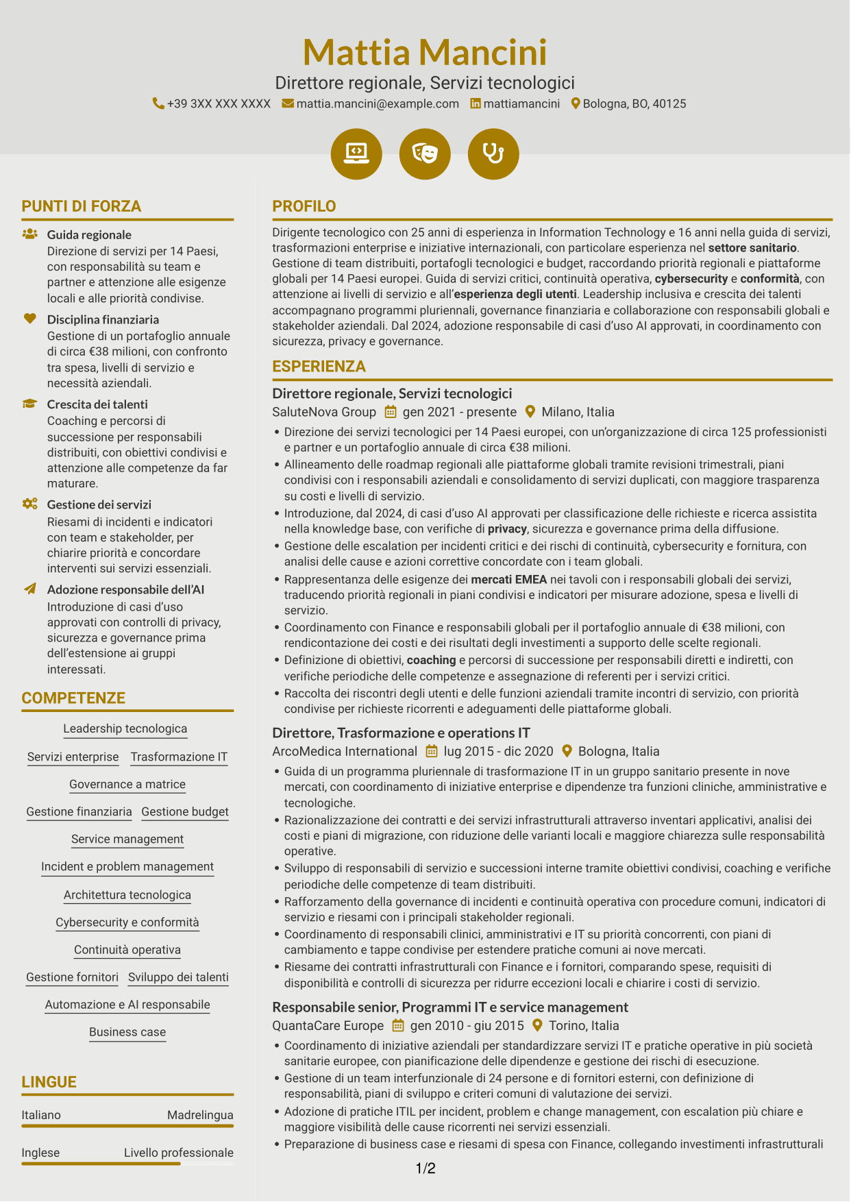 CV Dinamico (formato a due colonne con icone): Senior Director, Technology Services - Trasformazione dei servizi enterprise, pagina 1