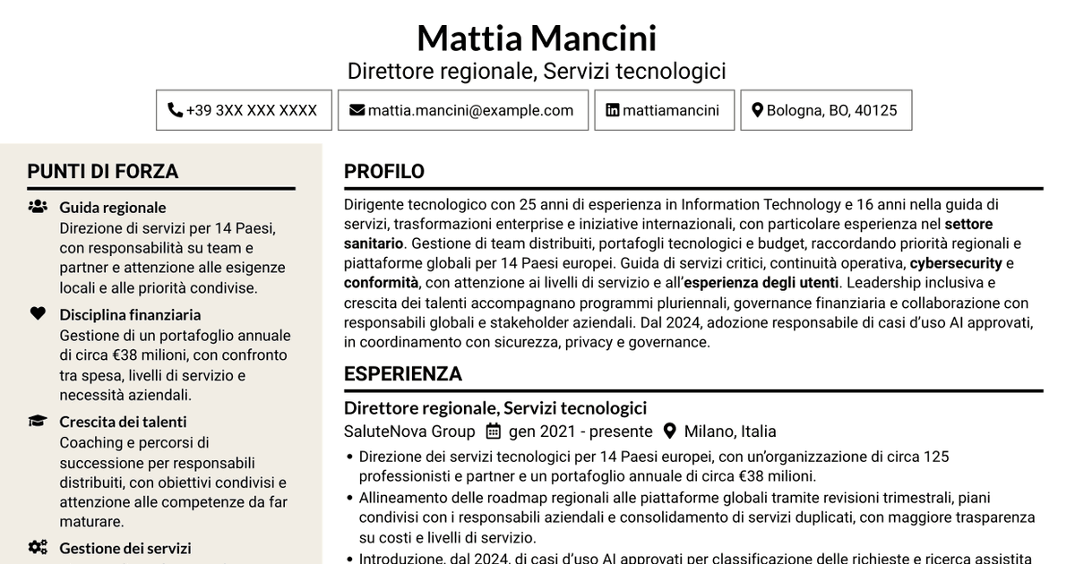 7 modelli di CV per Senior Director, Technology Services - Trasformazione dei servizi enterprise, con esempi