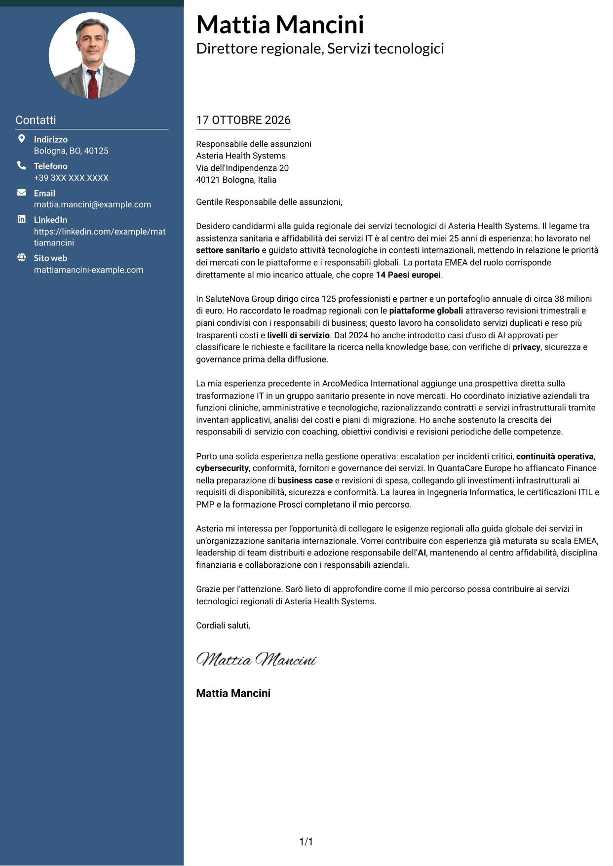 Lettera di presentazione Elegante (formato con colonna laterale colorata e foto): Senior Director, Technology Services - Trasformazione dei servizi enterprise, pagina 1
