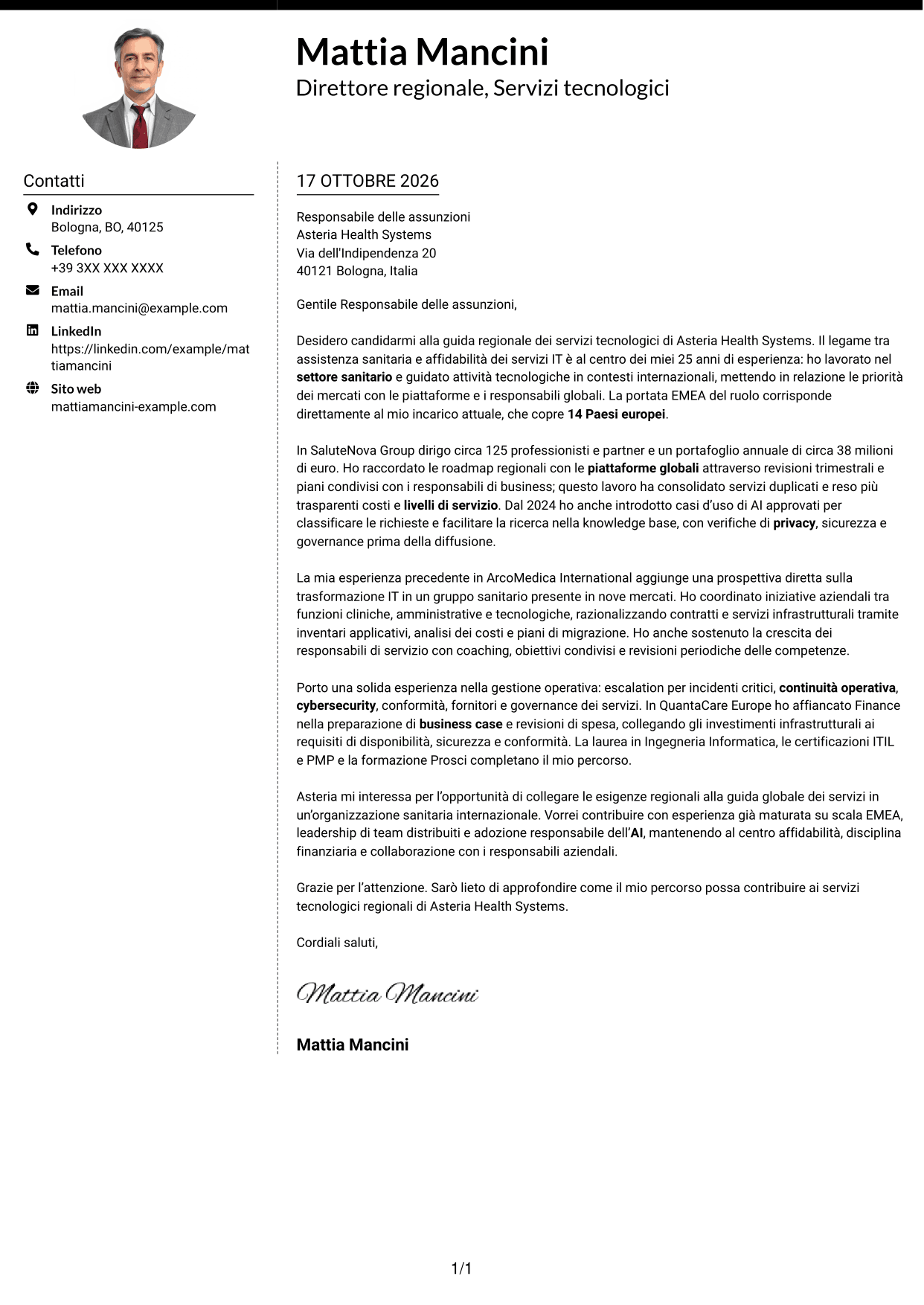 Lettera di presentazione Moderno (formato a due colonne con foto a sinistra e separatore): Senior Director, Technology Services - Trasformazione dei servizi enterprise, pagina 1