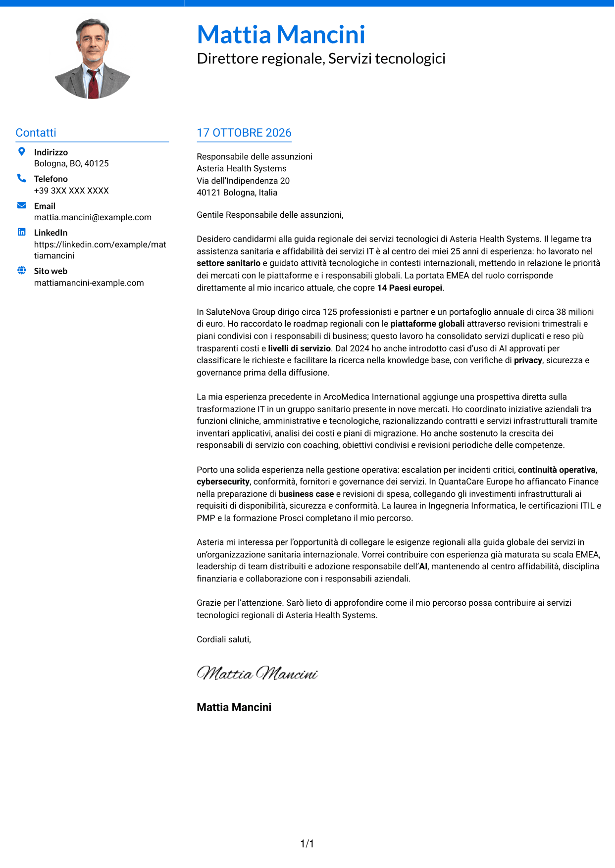 Lettera di presentazione Audace (formato a due colonne con accenti colorati e foto): Senior Director, Technology Services - Trasformazione dei servizi enterprise, pagina 1