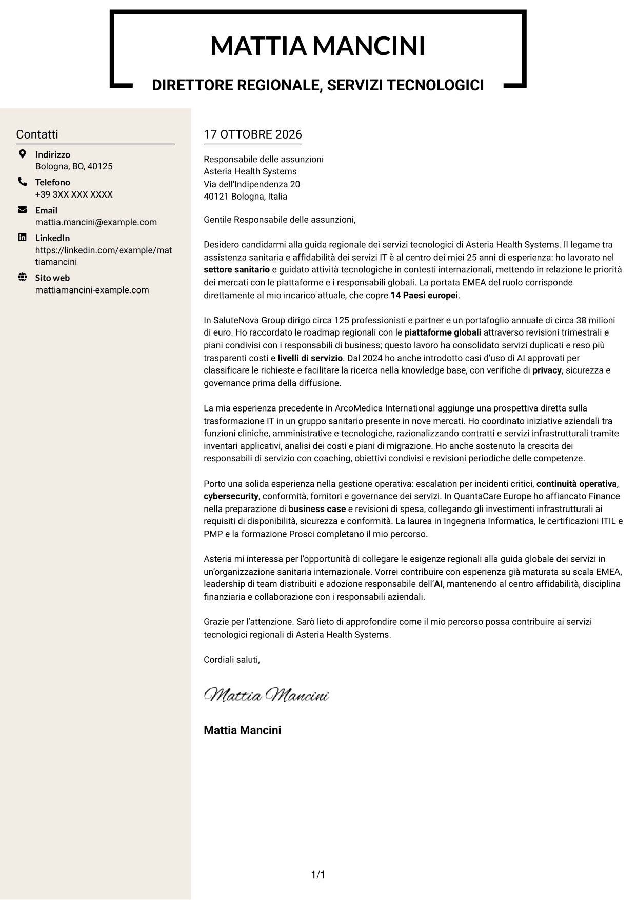 Lettera di presentazione Intraprendente (formato a due colonne con intestazione centrata senza foto): Senior Director, Technology Services - Trasformazione dei servizi enterprise, pagina 1