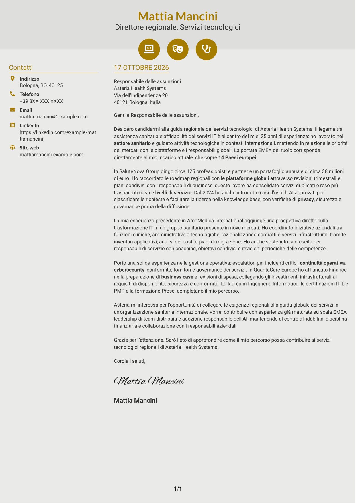 Lettera di presentazione Dinamico (formato a due colonne con icone): Senior Director, Technology Services - Trasformazione dei servizi enterprise, pagina 1