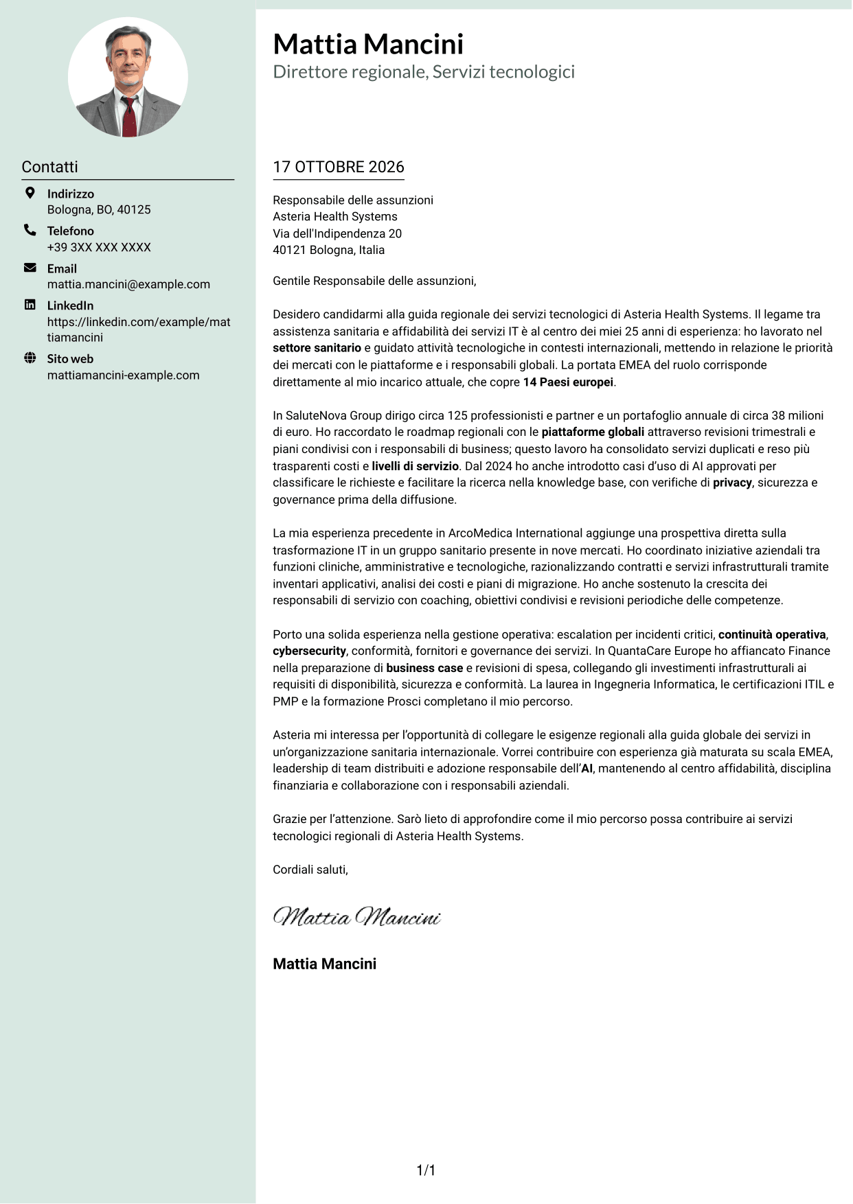 Lettera di presentazione Dirigente (formato con colonna laterale tenue e foto arrotondata): Senior Director, Technology Services - Trasformazione dei servizi enterprise, pagina 1