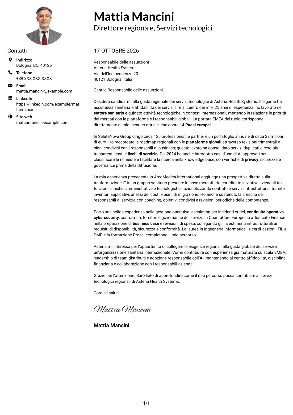 Esempio di lettera di presentazione — pagina 1
