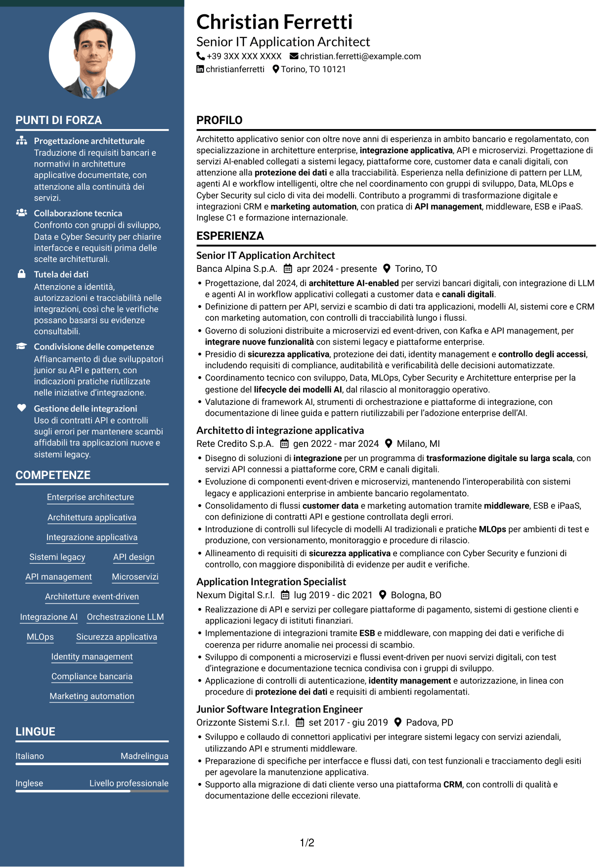 CV Elegante (formato con colonna laterale colorata e foto): Senior IT Application Architect - Integrazione AI e LLM, pagina 1