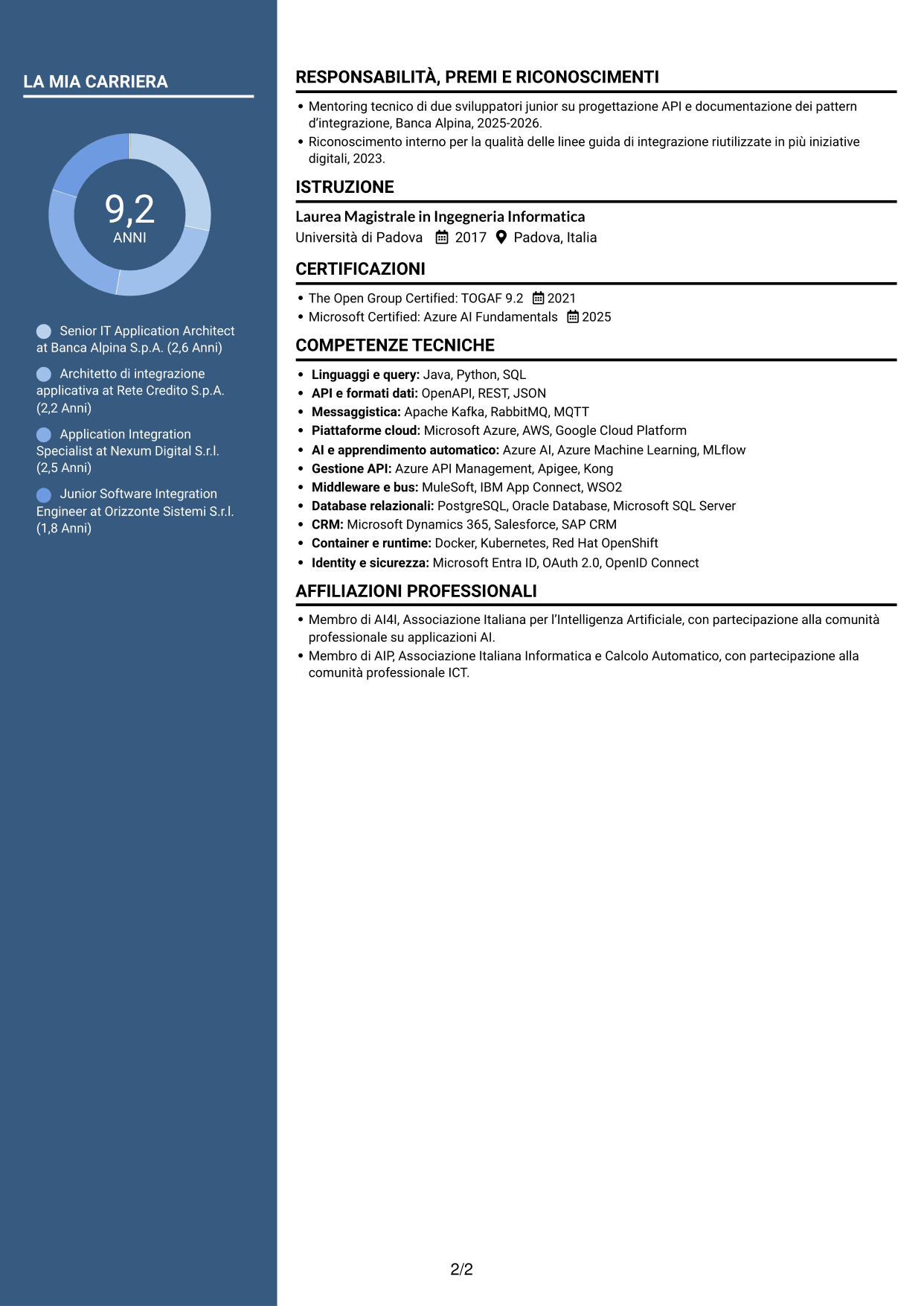 CV Elegante (formato con colonna laterale colorata e foto): Senior IT Application Architect - Integrazione AI e LLM, pagina 2