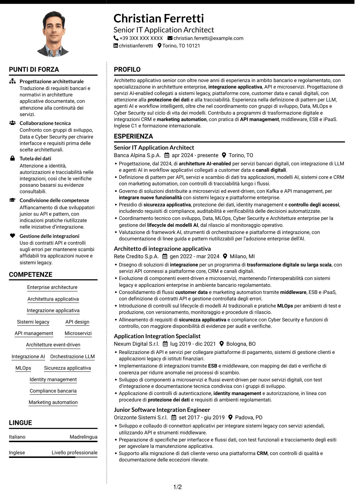 CV Moderno (formato a due colonne con foto a sinistra e separatore): Senior IT Application Architect - Integrazione AI e LLM, pagina 1