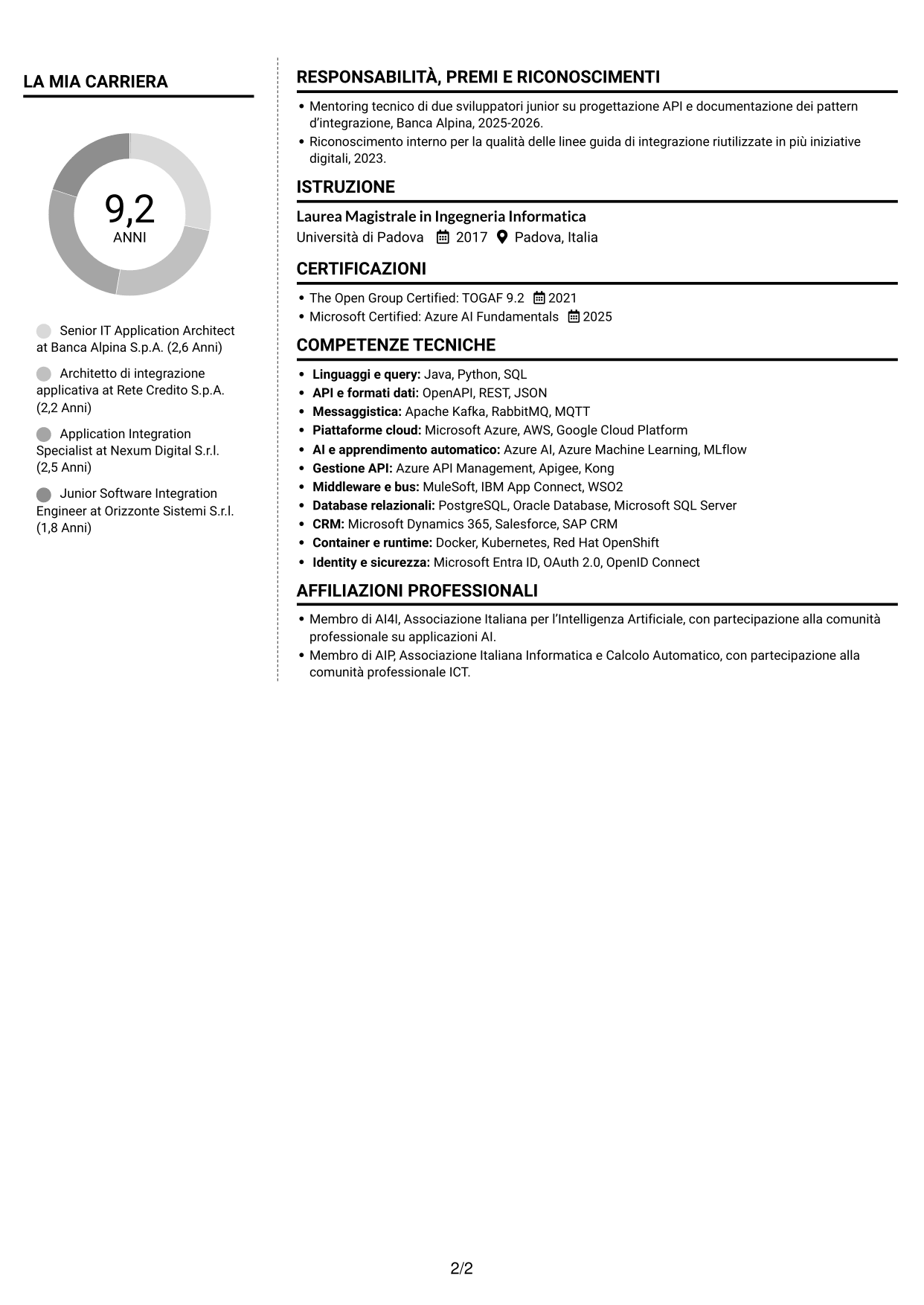 CV Moderno (formato a due colonne con foto a sinistra e separatore): Senior IT Application Architect - Integrazione AI e LLM, pagina 2