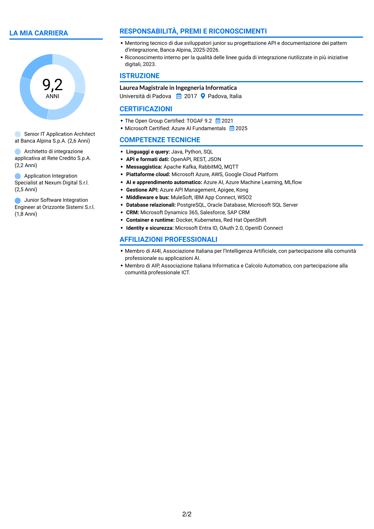 CV Audace (formato a due colonne con accenti colorati e foto): Senior IT Application Architect - Integrazione AI e LLM, pagina 2
