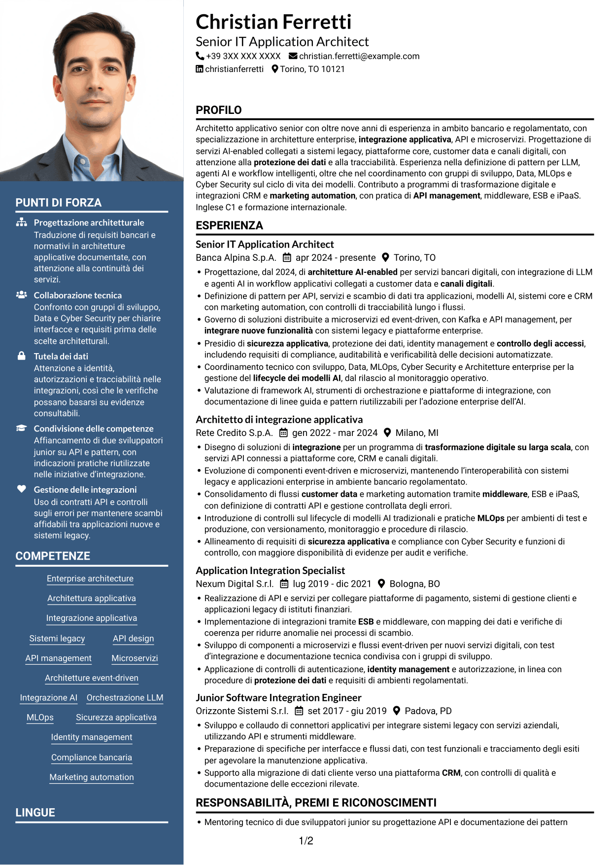 CV Signature (formato con colonna laterale colorata e foto grande): Senior IT Application Architect - Integrazione AI e LLM, pagina 1