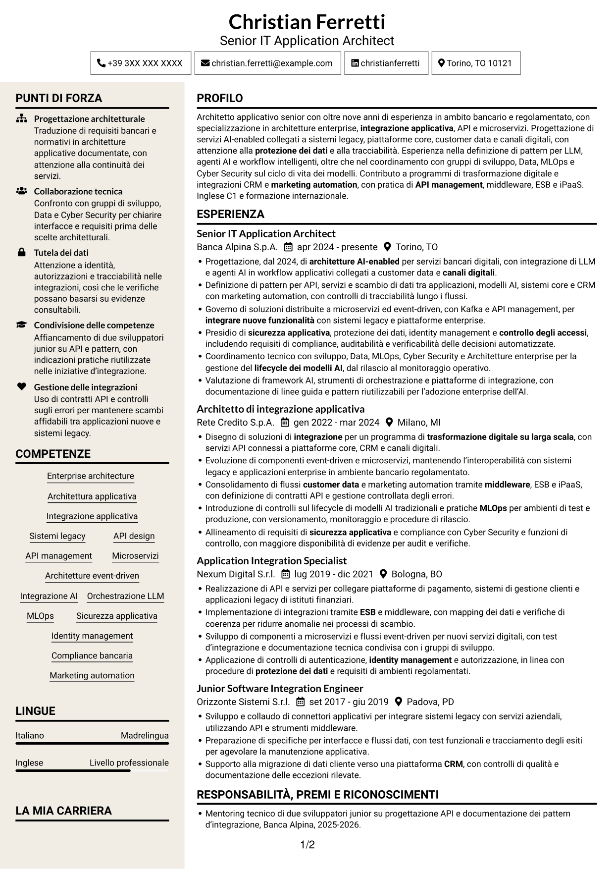 CV Intraprendente (formato a due colonne con intestazione centrata senza foto): Senior IT Application Architect - Integrazione AI e LLM, pagina 1