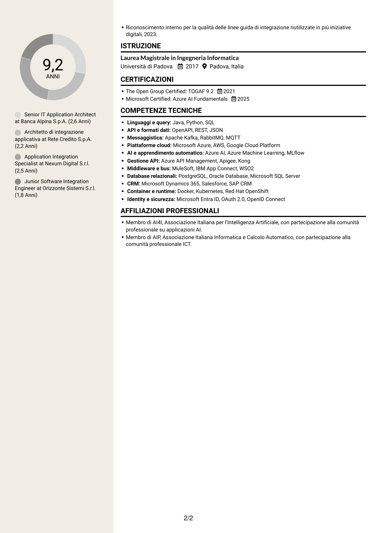 CV Intraprendente (formato a due colonne con intestazione centrata senza foto): Senior IT Application Architect - Integrazione AI e LLM, pagina 2