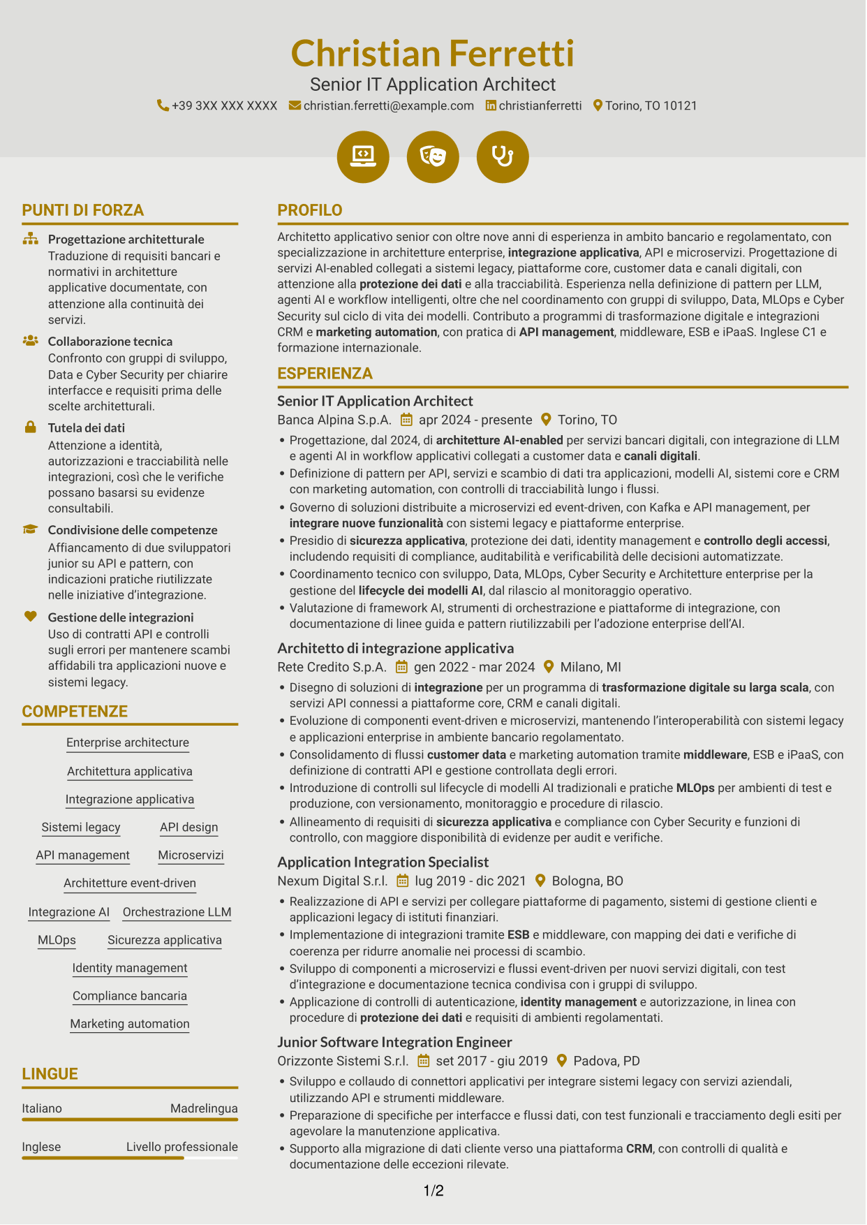 CV Dinamico (formato a due colonne con icone): Senior IT Application Architect - Integrazione AI e LLM, pagina 1
