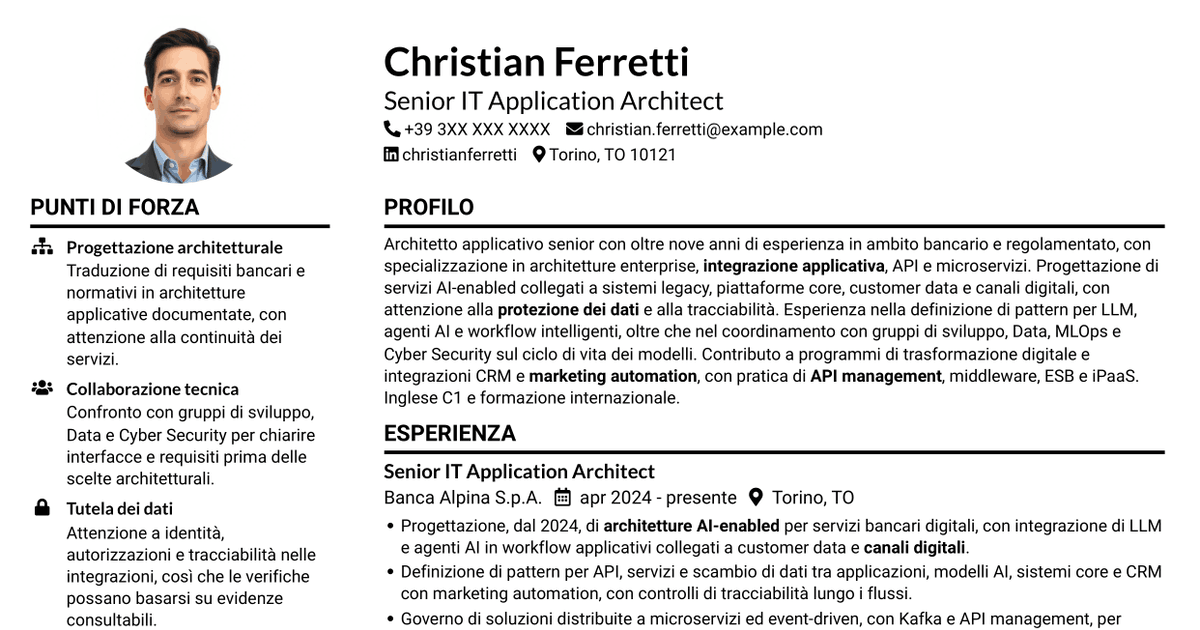 7 modelli di CV per Senior IT Application Architect - Integrazione AI e LLM, con esempi