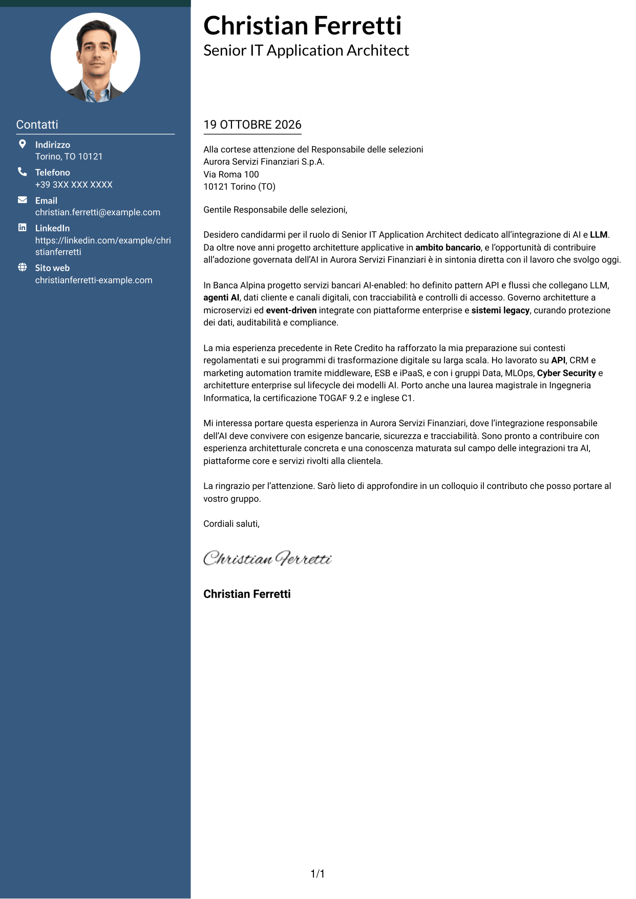 Lettera di presentazione Elegante (formato con colonna laterale colorata e foto): Senior IT Application Architect - Integrazione AI e LLM, pagina 1