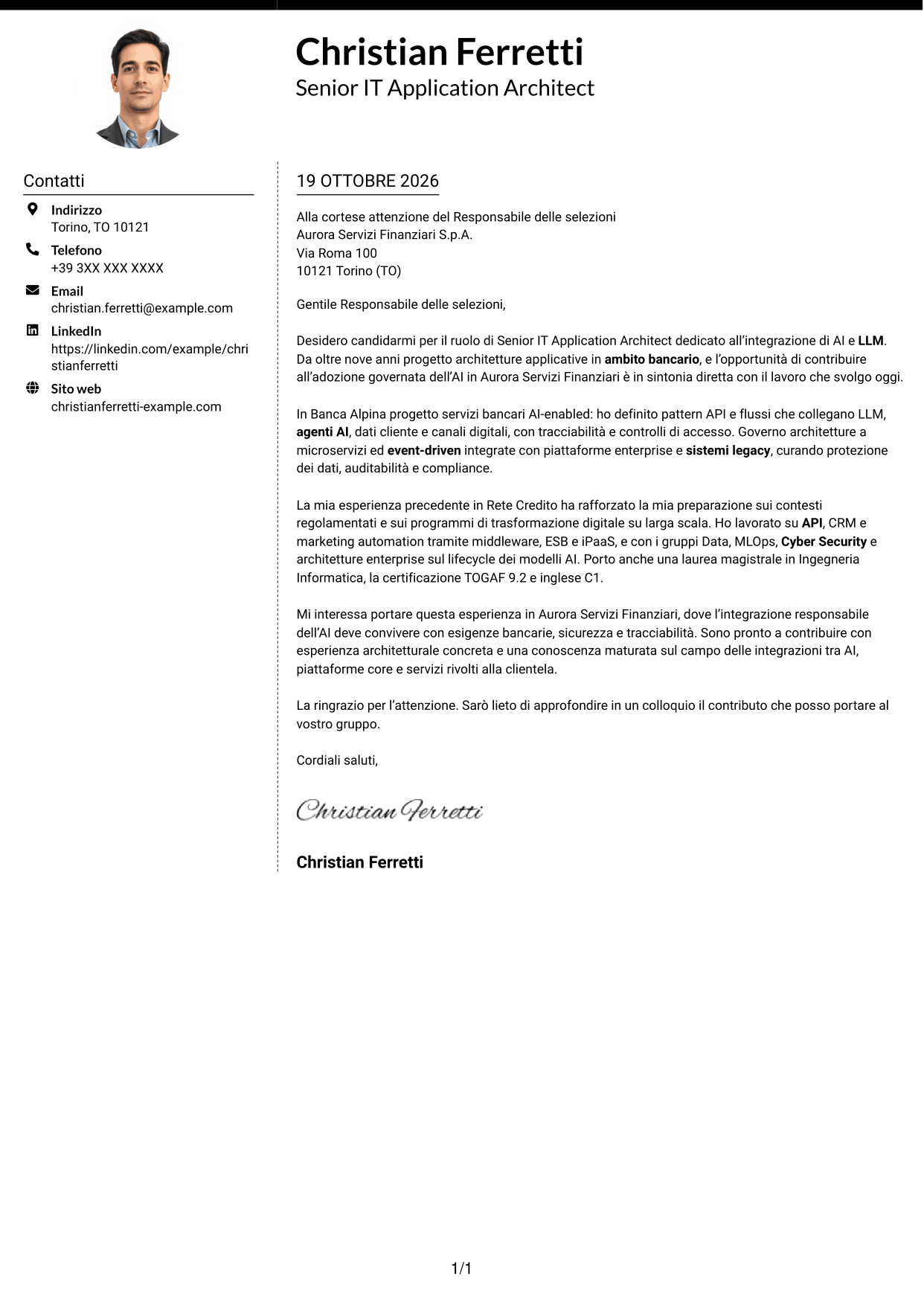 Lettera di presentazione Moderno (formato a due colonne con foto a sinistra e separatore): Senior IT Application Architect - Integrazione AI e LLM, pagina 1