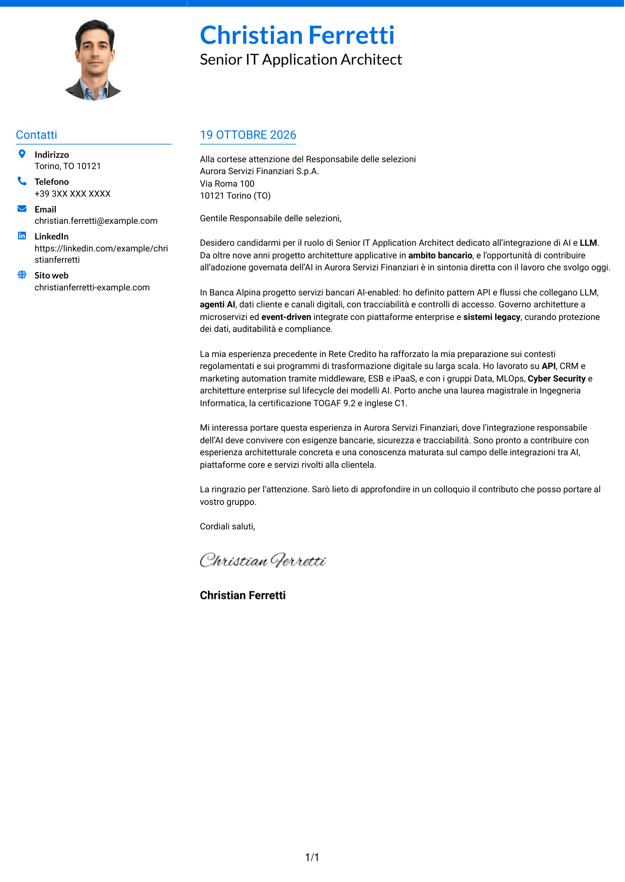 Lettera di presentazione Audace (formato a due colonne con accenti colorati e foto): Senior IT Application Architect - Integrazione AI e LLM, pagina 1