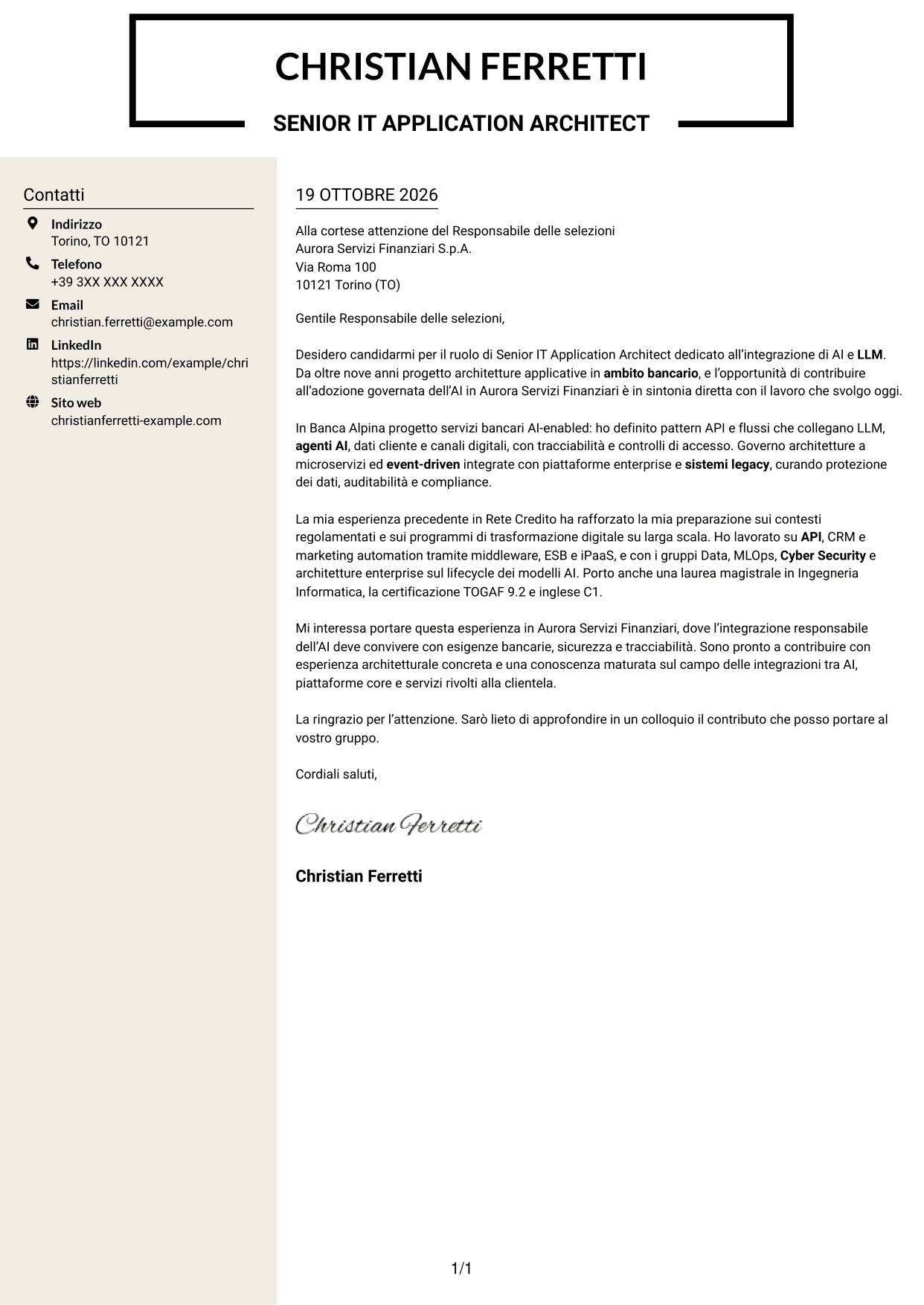 Lettera di presentazione Intraprendente (formato a due colonne con intestazione centrata senza foto): Senior IT Application Architect - Integrazione AI e LLM, pagina 1