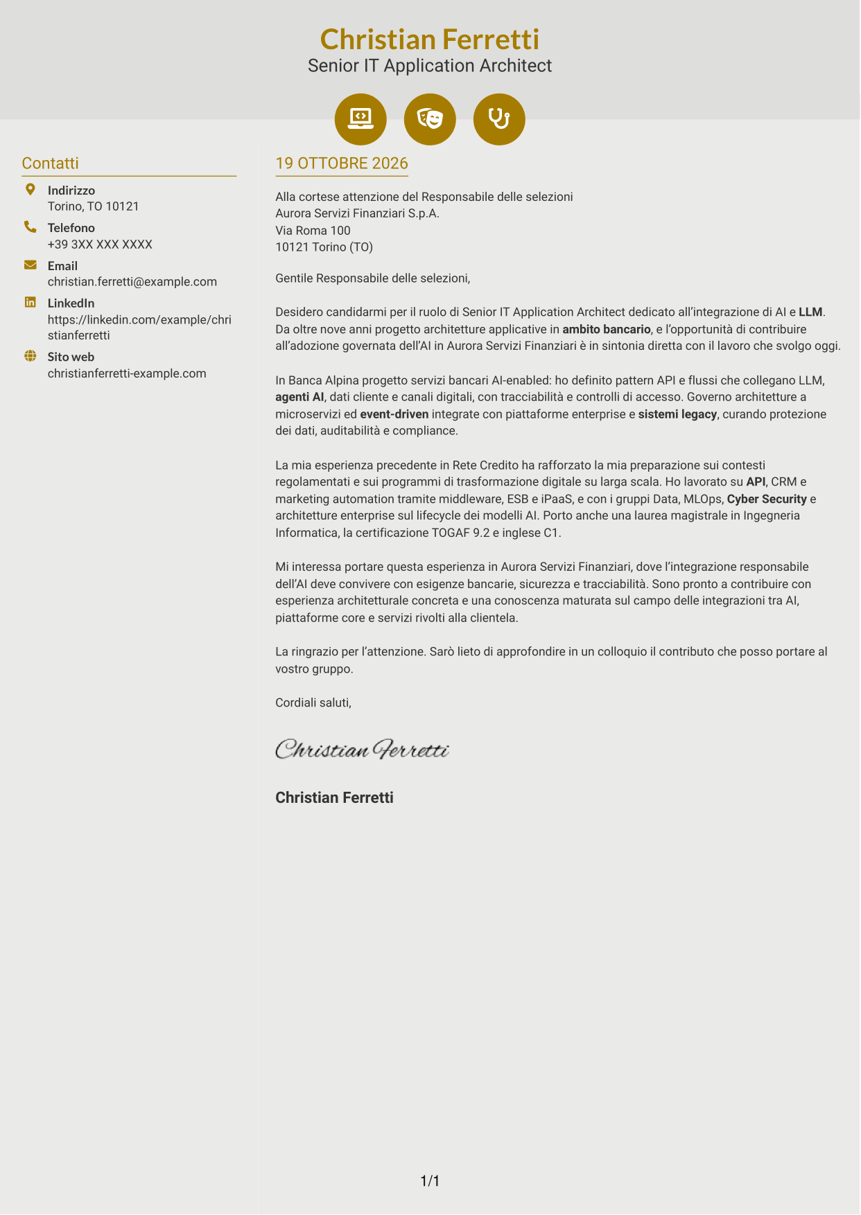 Lettera di presentazione Dinamico (formato a due colonne con icone): Senior IT Application Architect - Integrazione AI e LLM, pagina 1