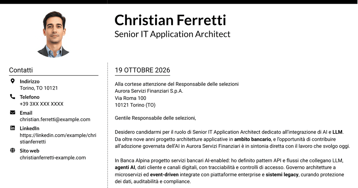7 modelli di lettera di presentazione per Senior IT Application Architect - Integrazione AI e LLM, con esempi