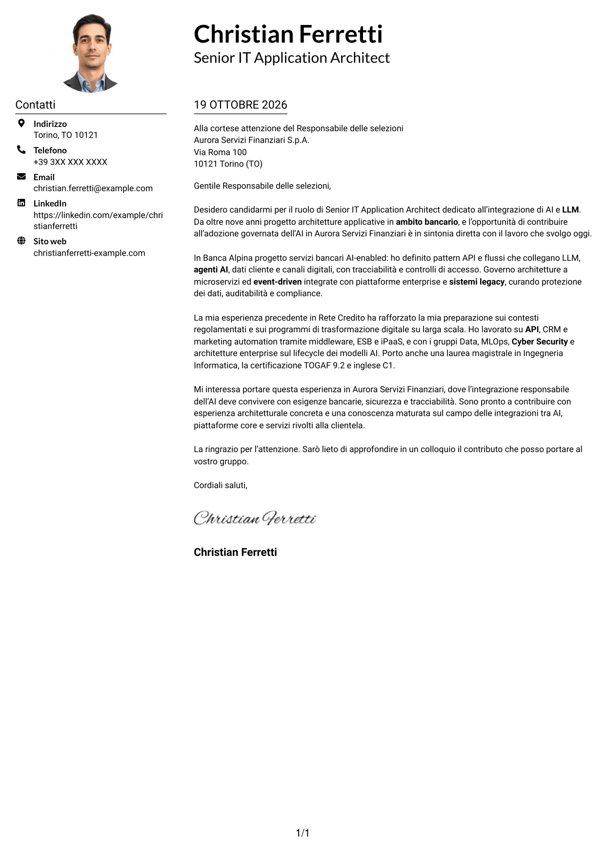 Esempio di lettera di presentazione — pagina 1