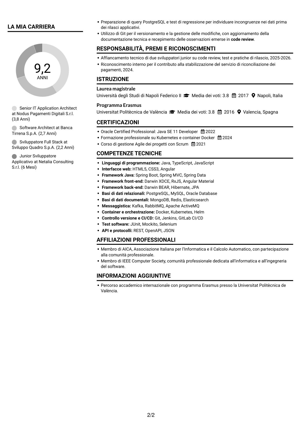 CV Compatto (formato sobrio a due colonne con foto): Senior IT Application Architect - Pagamenti, pagina 2