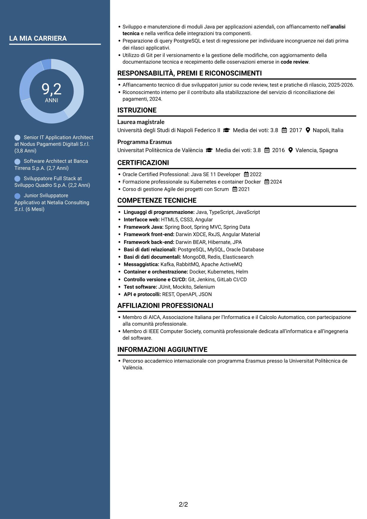 CV Elegante (formato con colonna laterale colorata e foto): Senior IT Application Architect - Pagamenti, pagina 2