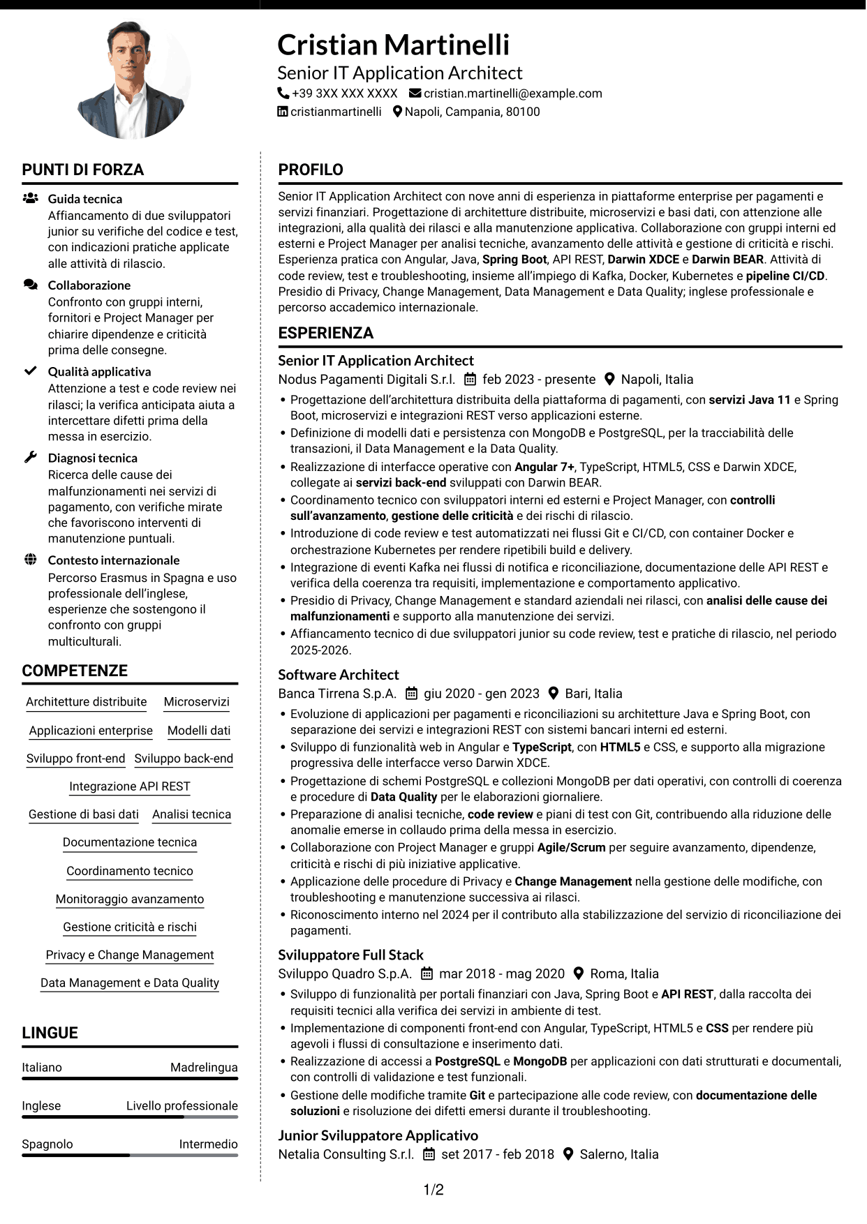 CV Moderno (formato a due colonne con foto a sinistra e separatore): Senior IT Application Architect - Pagamenti, pagina 1