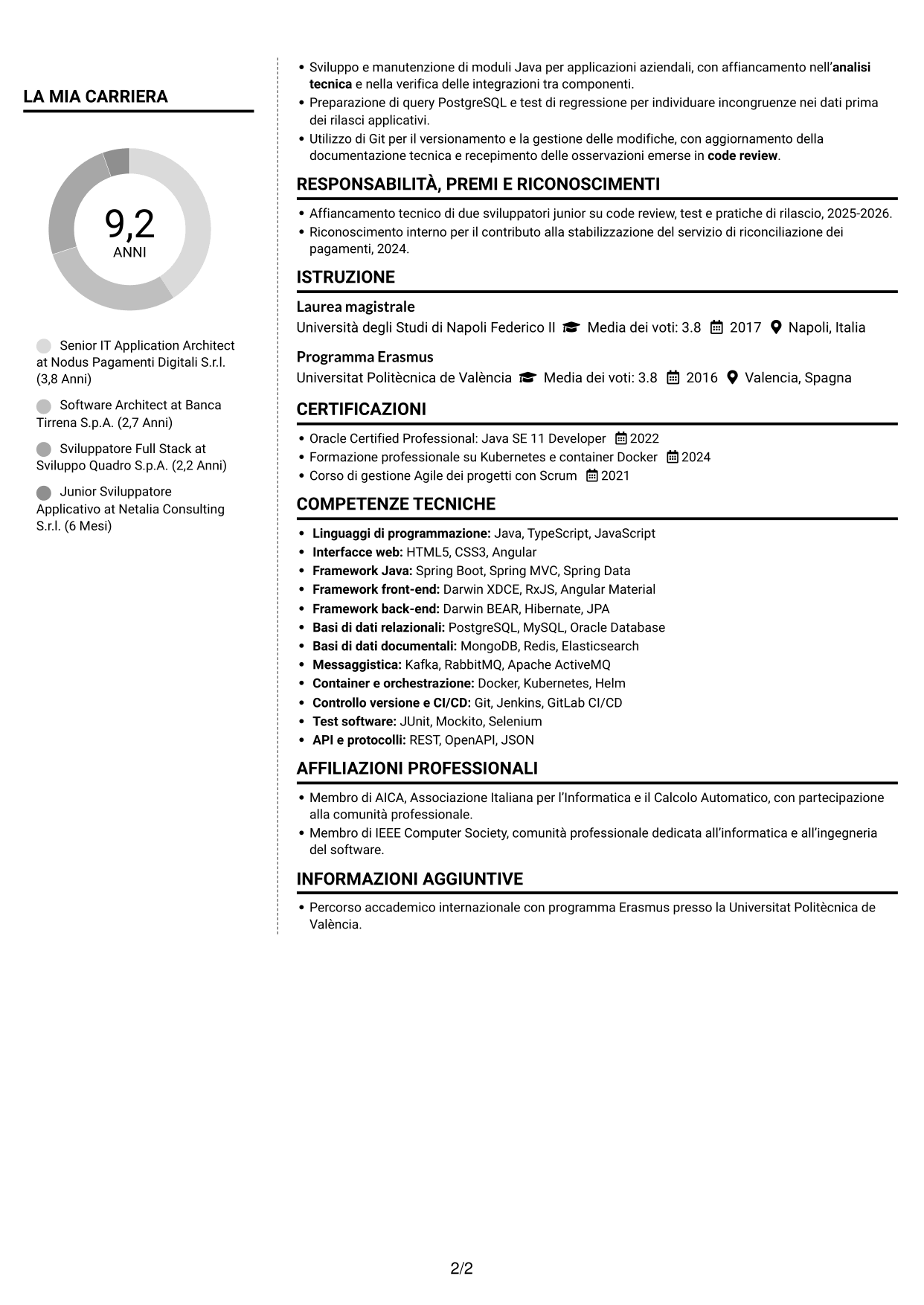 CV Moderno (formato a due colonne con foto a sinistra e separatore): Senior IT Application Architect - Pagamenti, pagina 2