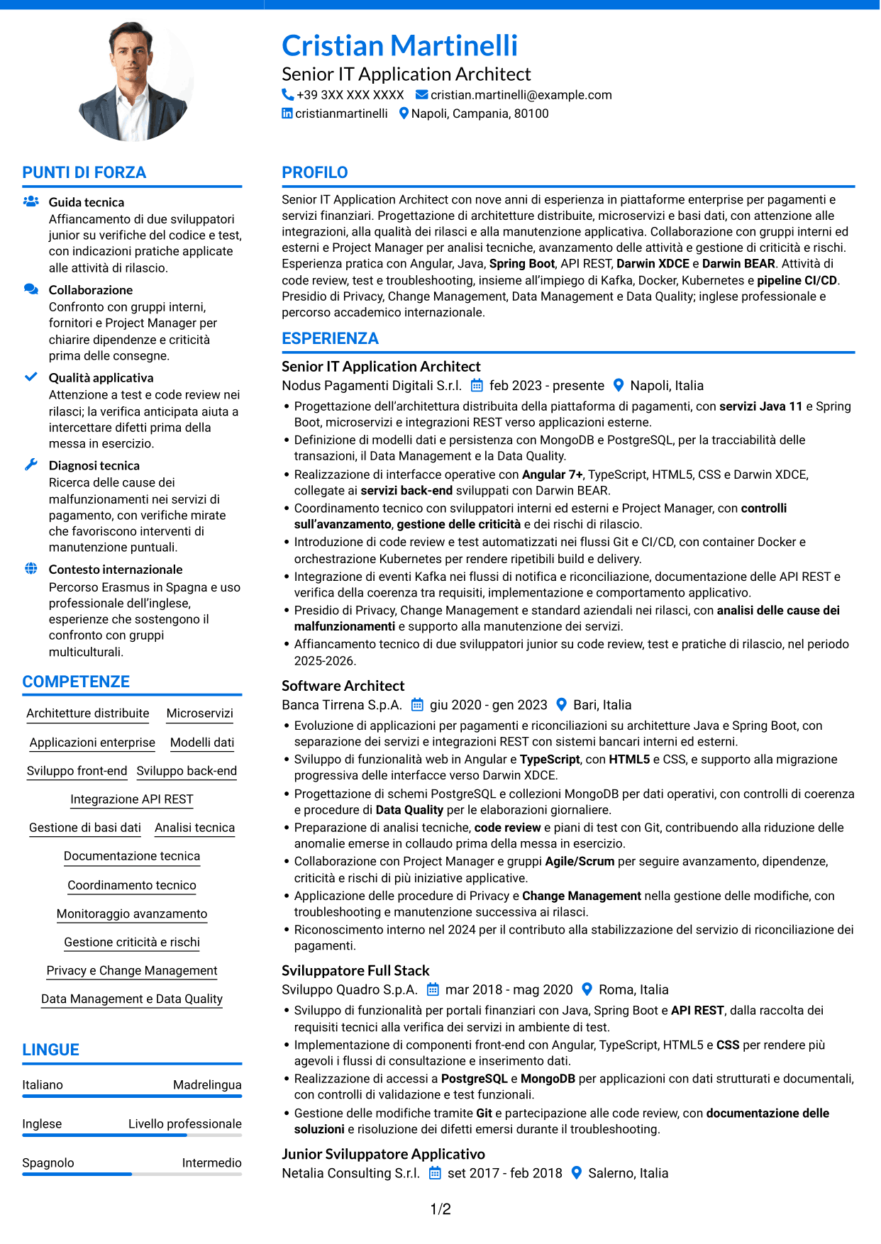 CV Audace (formato a due colonne con accenti colorati e foto): Senior IT Application Architect - Pagamenti, pagina 1