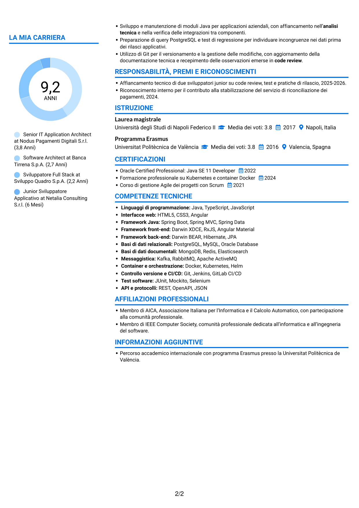 CV Audace (formato a due colonne con accenti colorati e foto): Senior IT Application Architect - Pagamenti, pagina 2