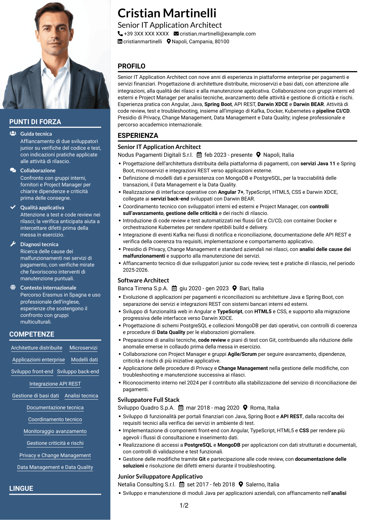CV Signature (formato con colonna laterale colorata e foto grande): Senior IT Application Architect - Pagamenti, pagina 1