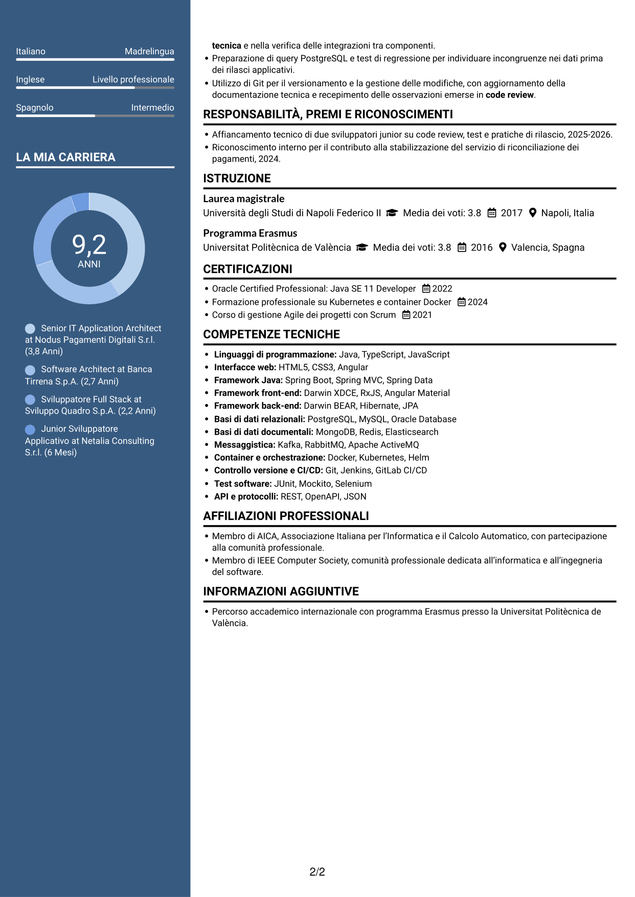 CV Signature (formato con colonna laterale colorata e foto grande): Senior IT Application Architect - Pagamenti, pagina 2