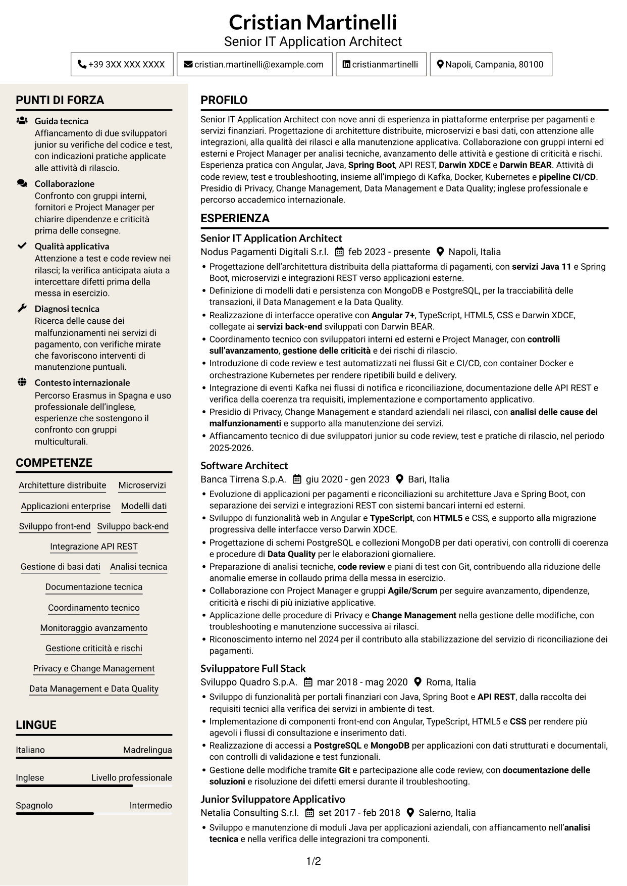 CV Intraprendente (formato a due colonne con intestazione centrata senza foto): Senior IT Application Architect - Pagamenti, pagina 1