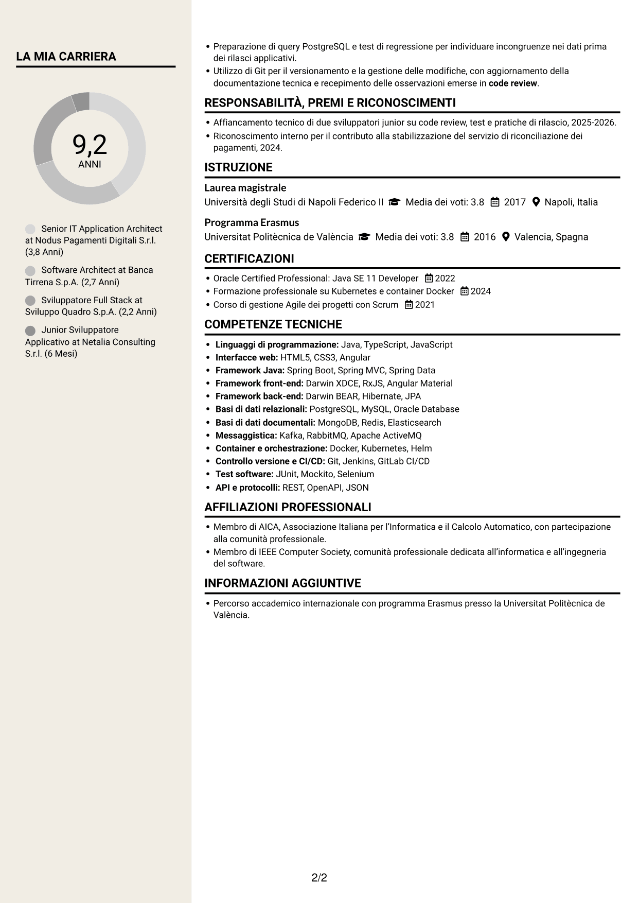 CV Intraprendente (formato a due colonne con intestazione centrata senza foto): Senior IT Application Architect - Pagamenti, pagina 2