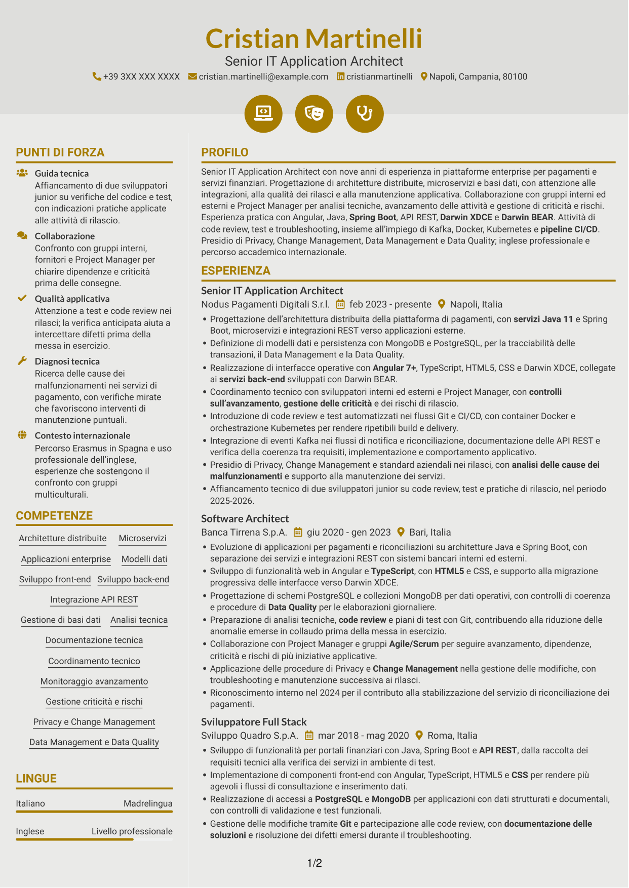 CV Dinamico (formato a due colonne con icone): Senior IT Application Architect - Pagamenti, pagina 1