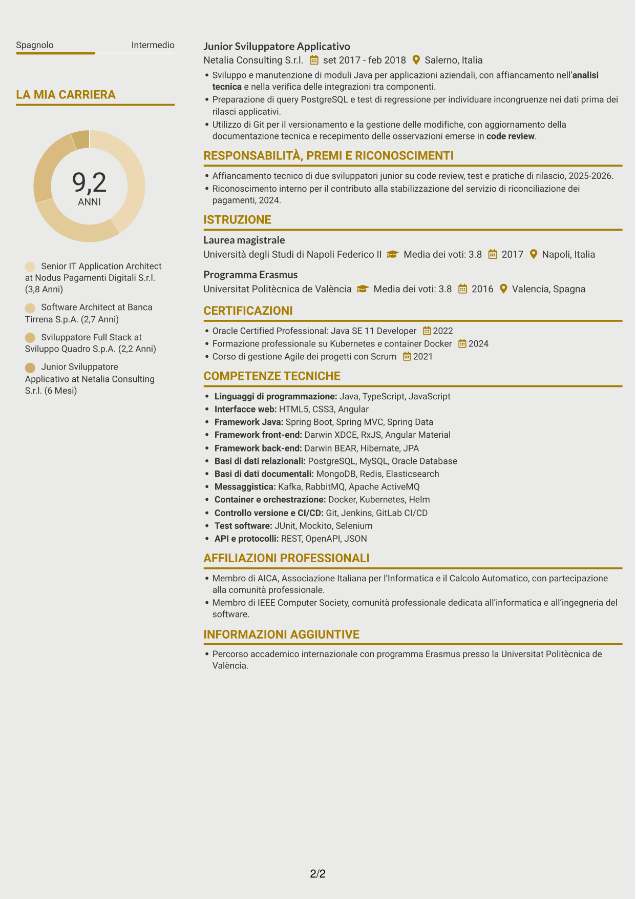 CV Dinamico (formato a due colonne con icone): Senior IT Application Architect - Pagamenti, pagina 2