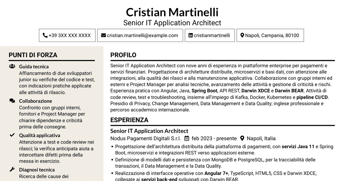 7 modelli di CV per Senior IT Application Architect - Pagamenti, con esempi