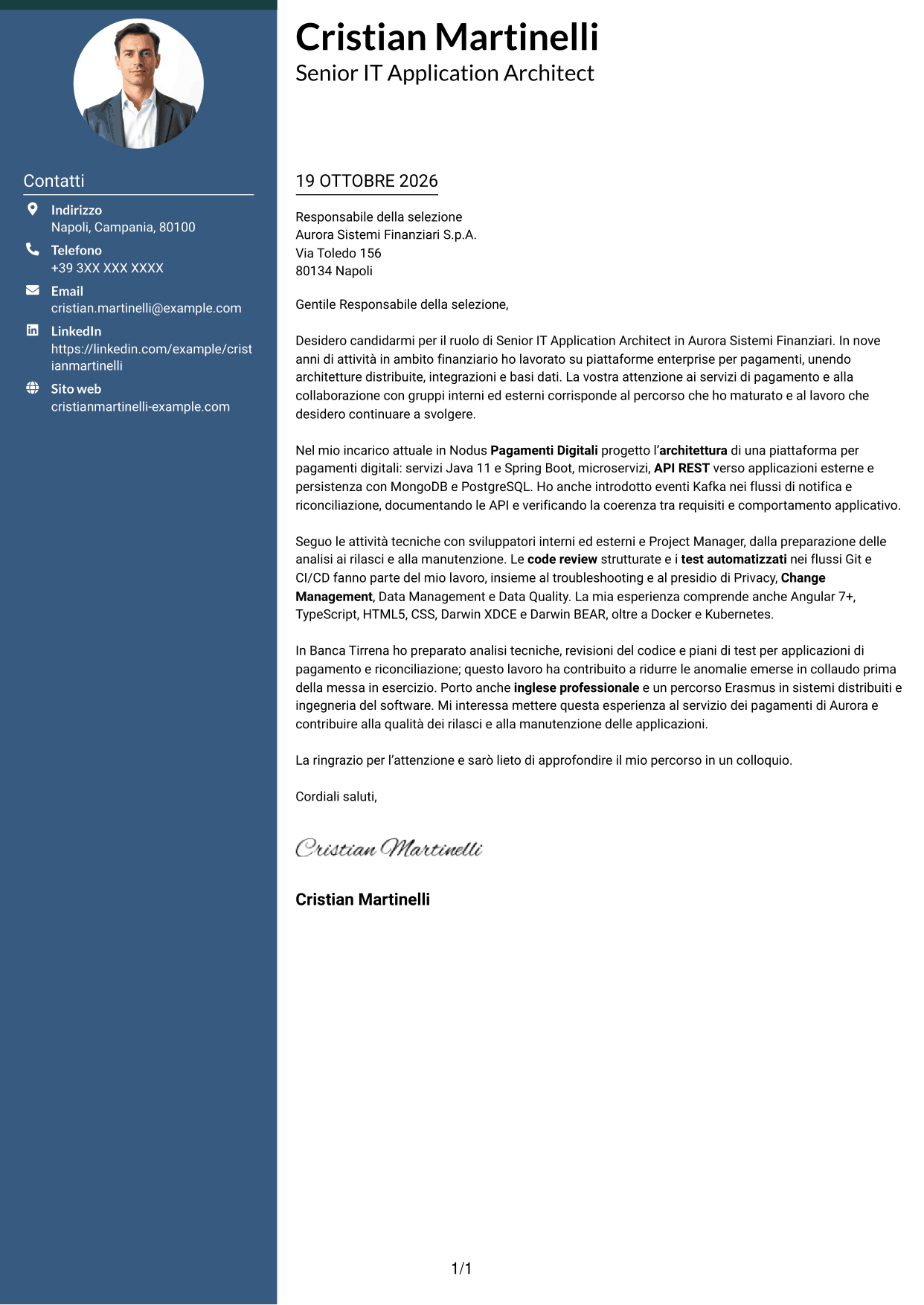 Lettera di presentazione Elegante (formato con colonna laterale colorata e foto): Senior IT Application Architect - Pagamenti, pagina 1