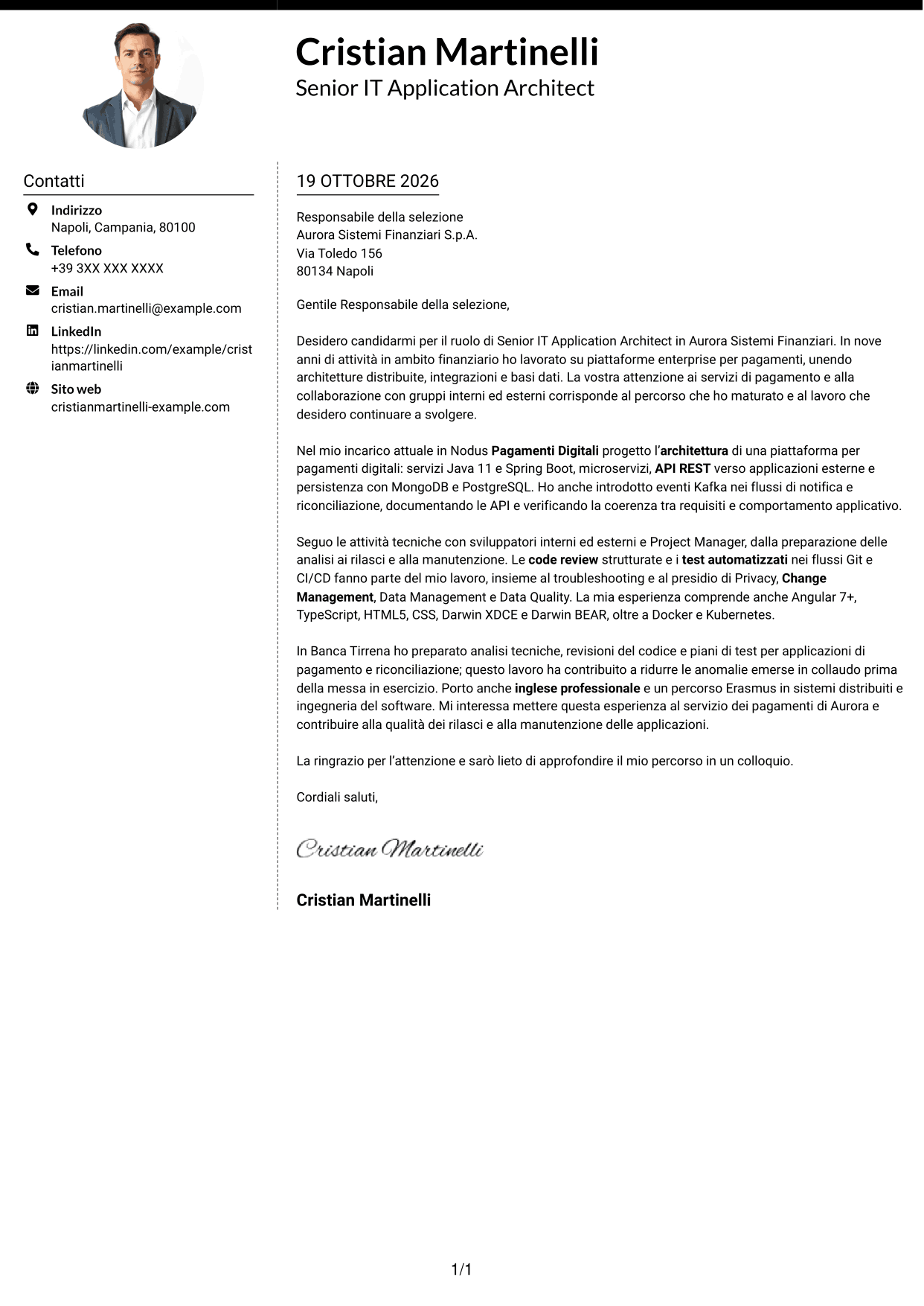Lettera di presentazione Moderno (formato a due colonne con foto a sinistra e separatore): Senior IT Application Architect - Pagamenti, pagina 1