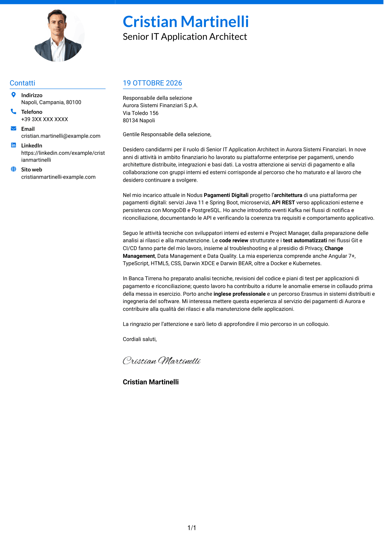 Lettera di presentazione Audace (formato a due colonne con accenti colorati e foto): Senior IT Application Architect - Pagamenti, pagina 1